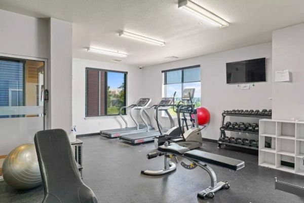 Bright gym room with treadmills, weights, exercise ball, and large windows