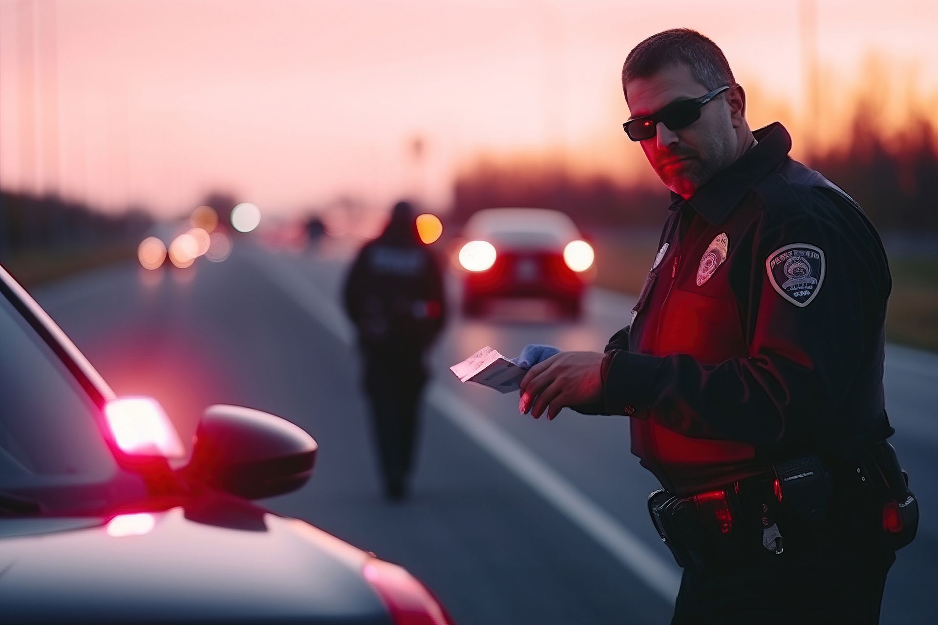 Police officer writing a ticket on a roadside, with a car and person in the background during twilight.