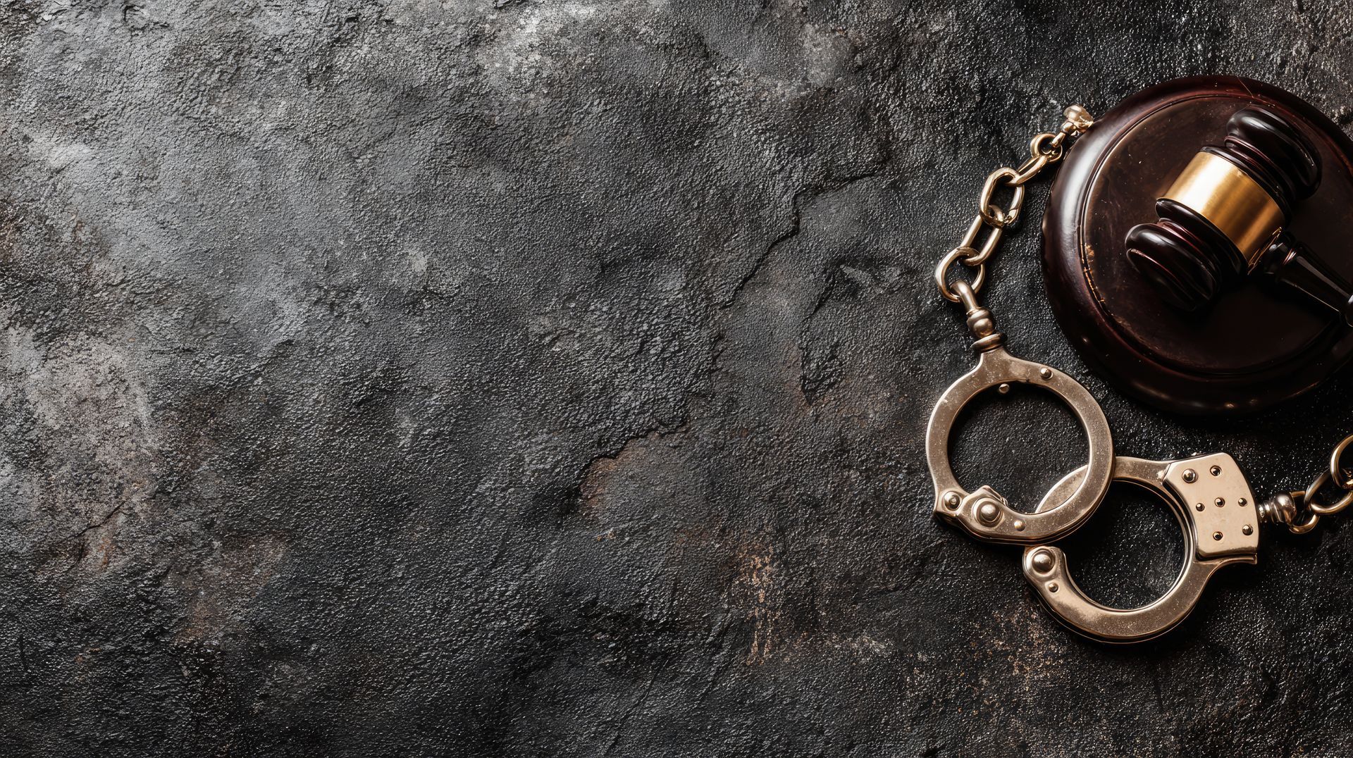 Handcuffs chained to a gavel and sound block, on a dark, textured surface.