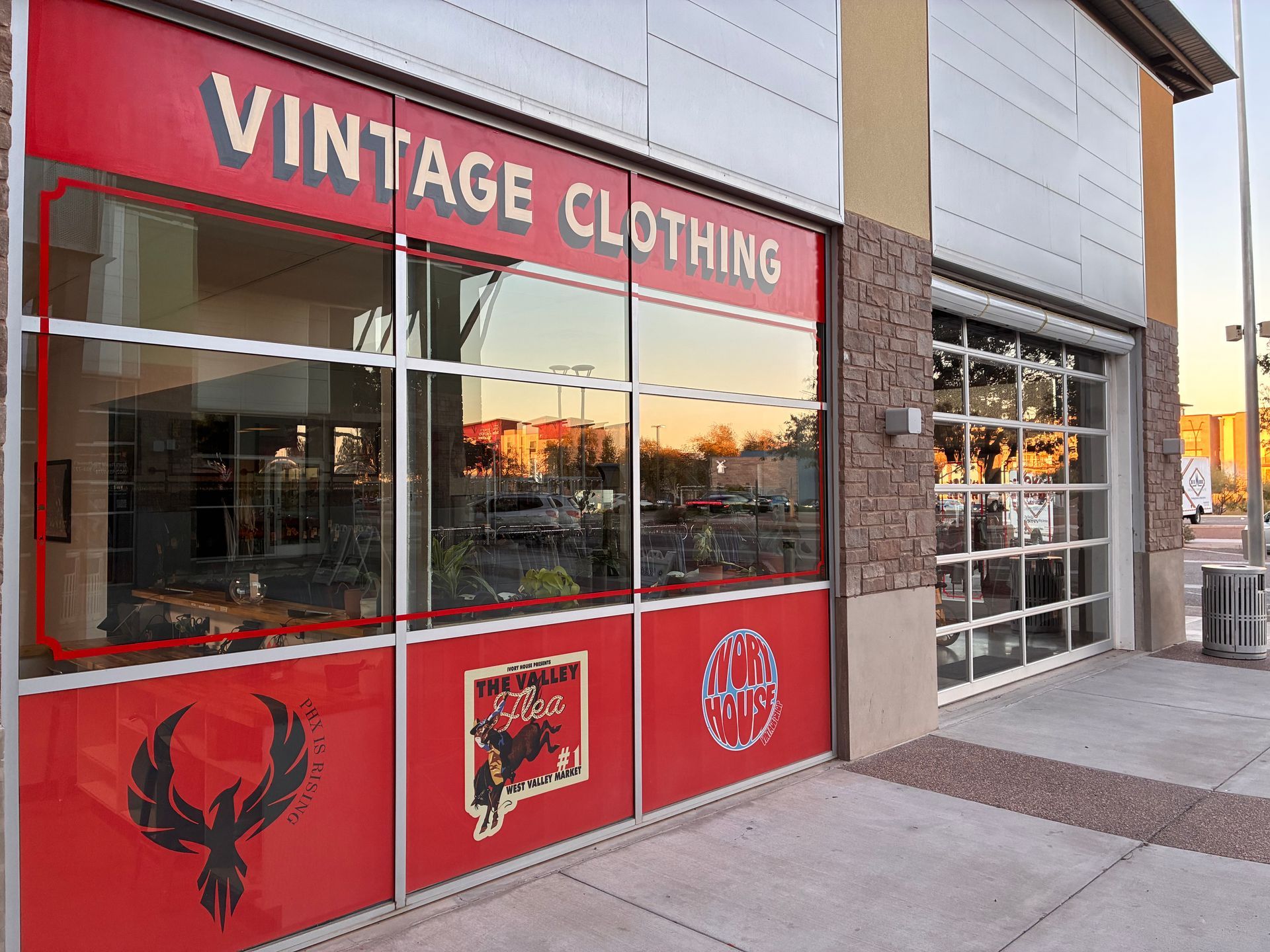 A red-trimmed storefront labeled 