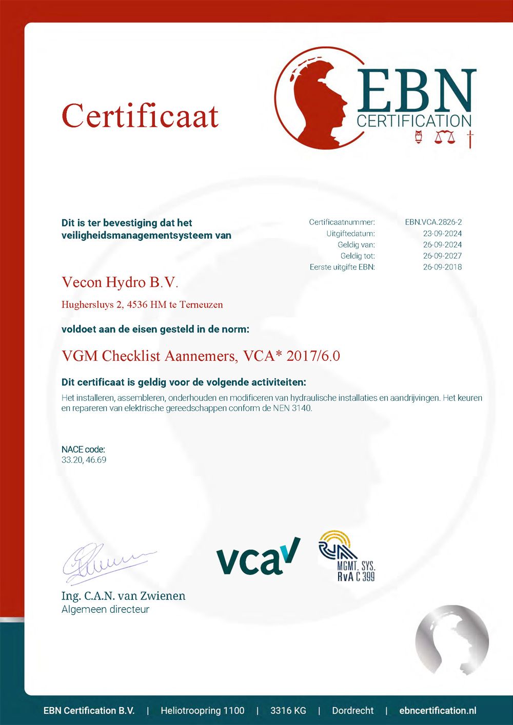 Vecon Hydro BV VCA certificaat