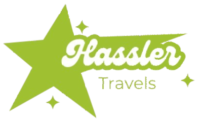 A logo for hassler travels with a green star