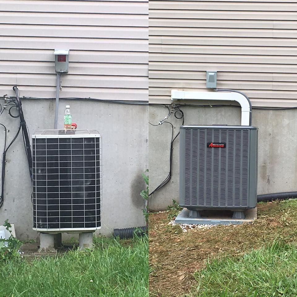 A before and after picture of an air conditioner on the side of a house.