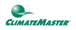 the logo for climatemaster is a green ball with a wave coming out of it .