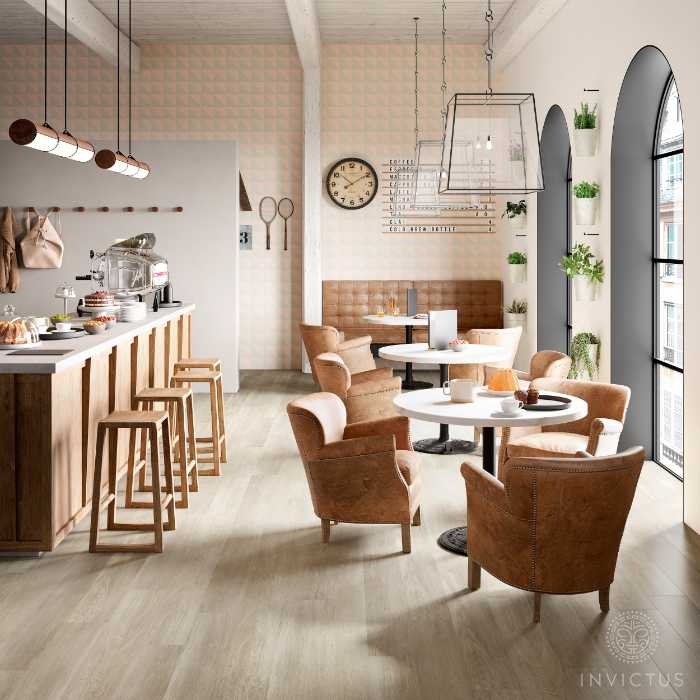 interior view of a cafe with seating arrangement