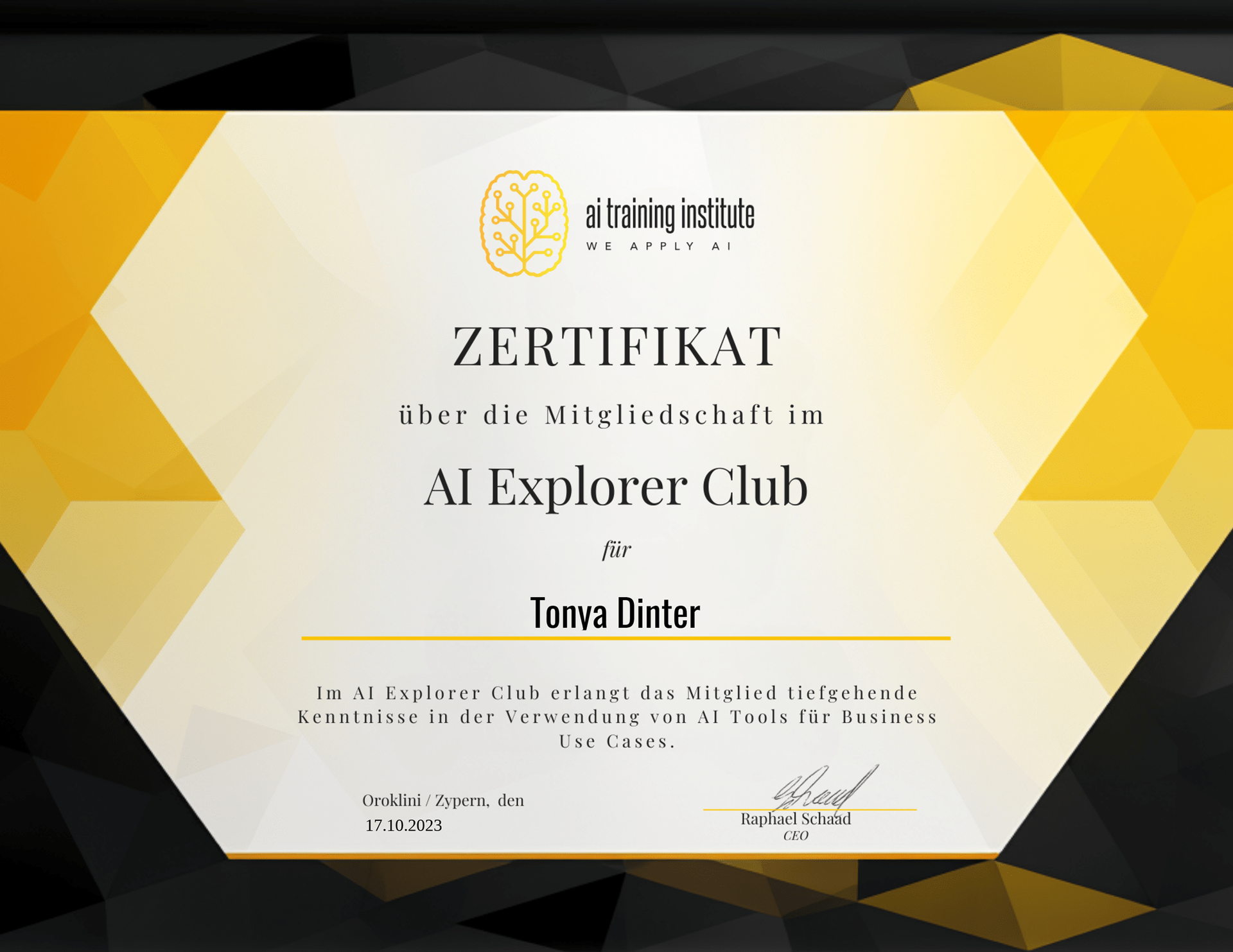 Zertifikat über die Mitgliedschaft im Al Explorer Club.
