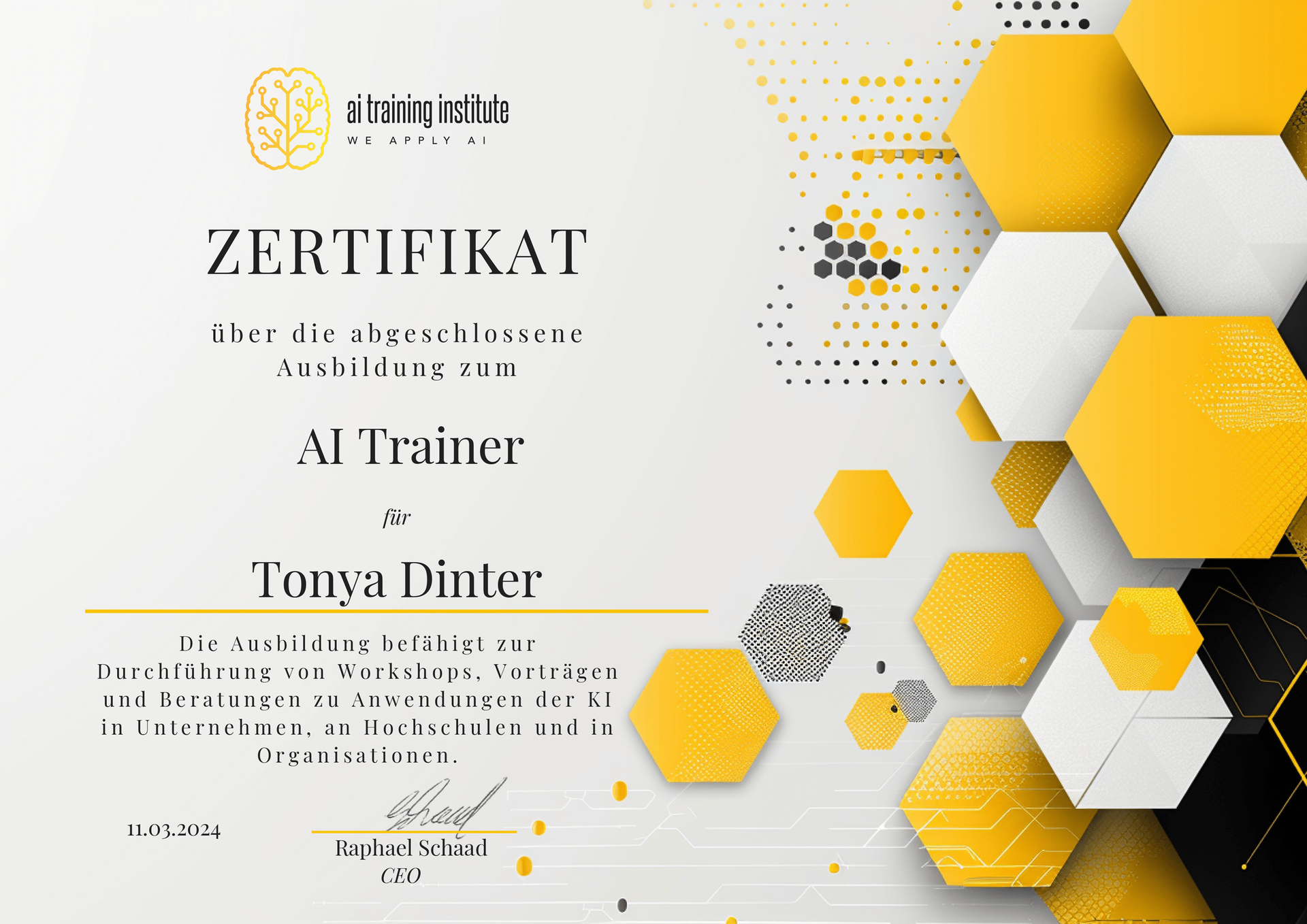 Zertifikat über die abgeschlossene Ausbildung zum Al-Trainer am AI Training Institute.