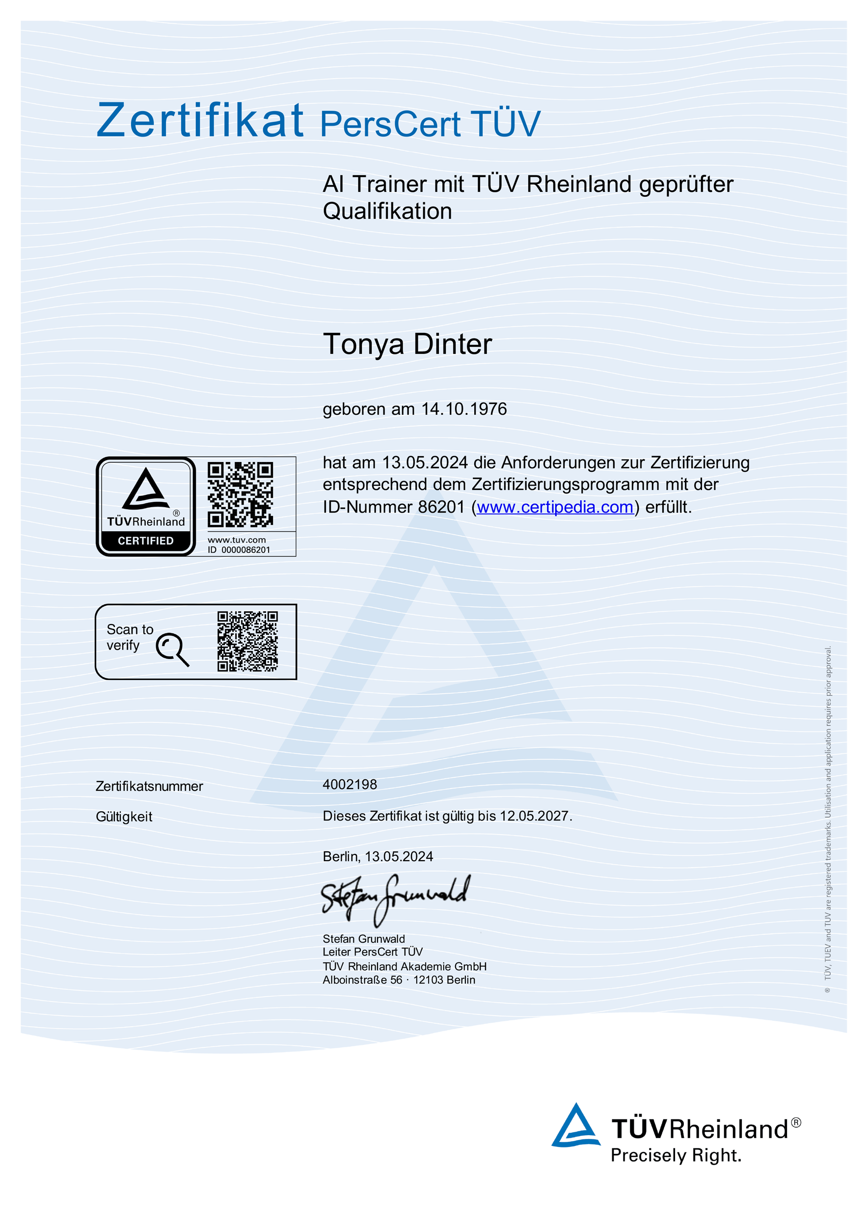 Zertifikat als Al-Trainer mit TÜV Rheinland geprüfter Qualifikation
