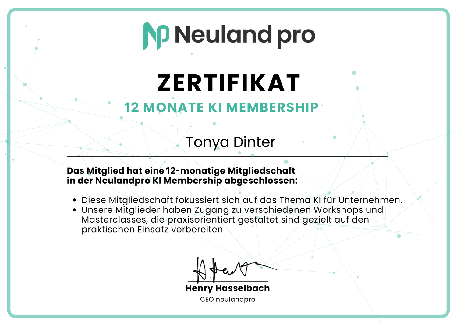 Zertifikat von Neuland pro für Tonya Dinter, 12-monatige KI Mitgliedschaft.