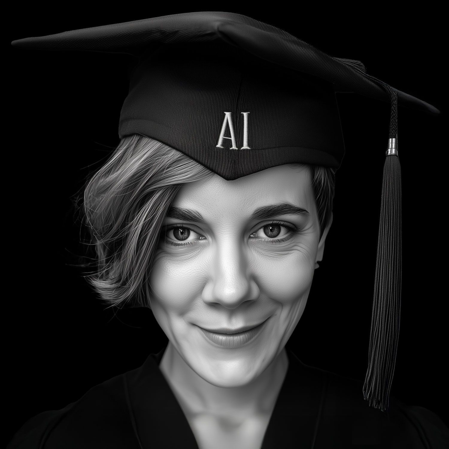 Ein Schwarz-Weiß KI-Bild von Tonya, die einen Doktorantenhut und einen Talar trägt.