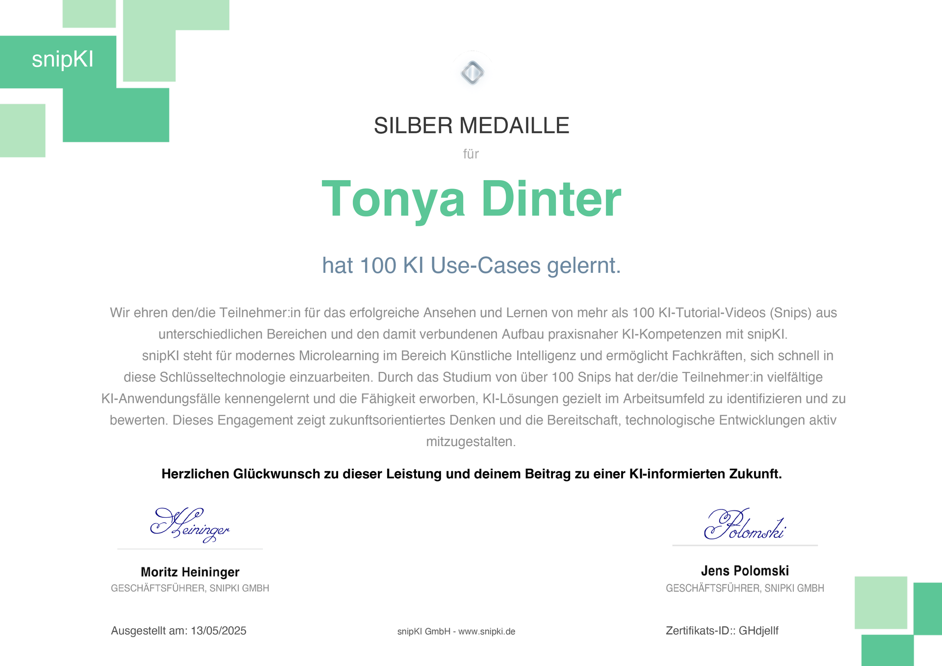 Zertifikat für über 100 absolvierte KI-Tutorials (Snips) und den praxisnahen Aufbau von KI-Kompetenzen mit snipKI.