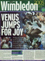 The front page of a newspaper with a picture of venus jumping for joy.