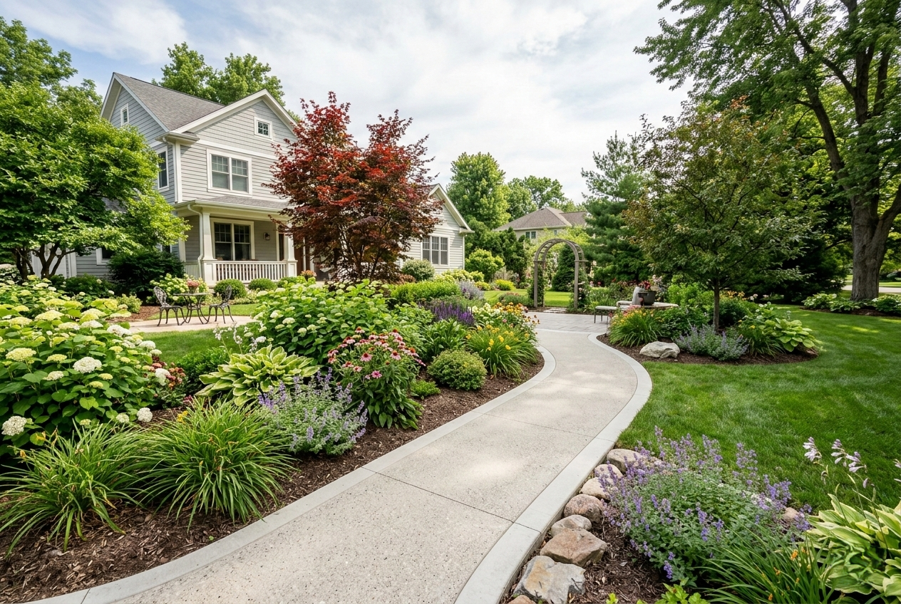 Curved concrete garden walkway winding through a lush, landscaped backyard.