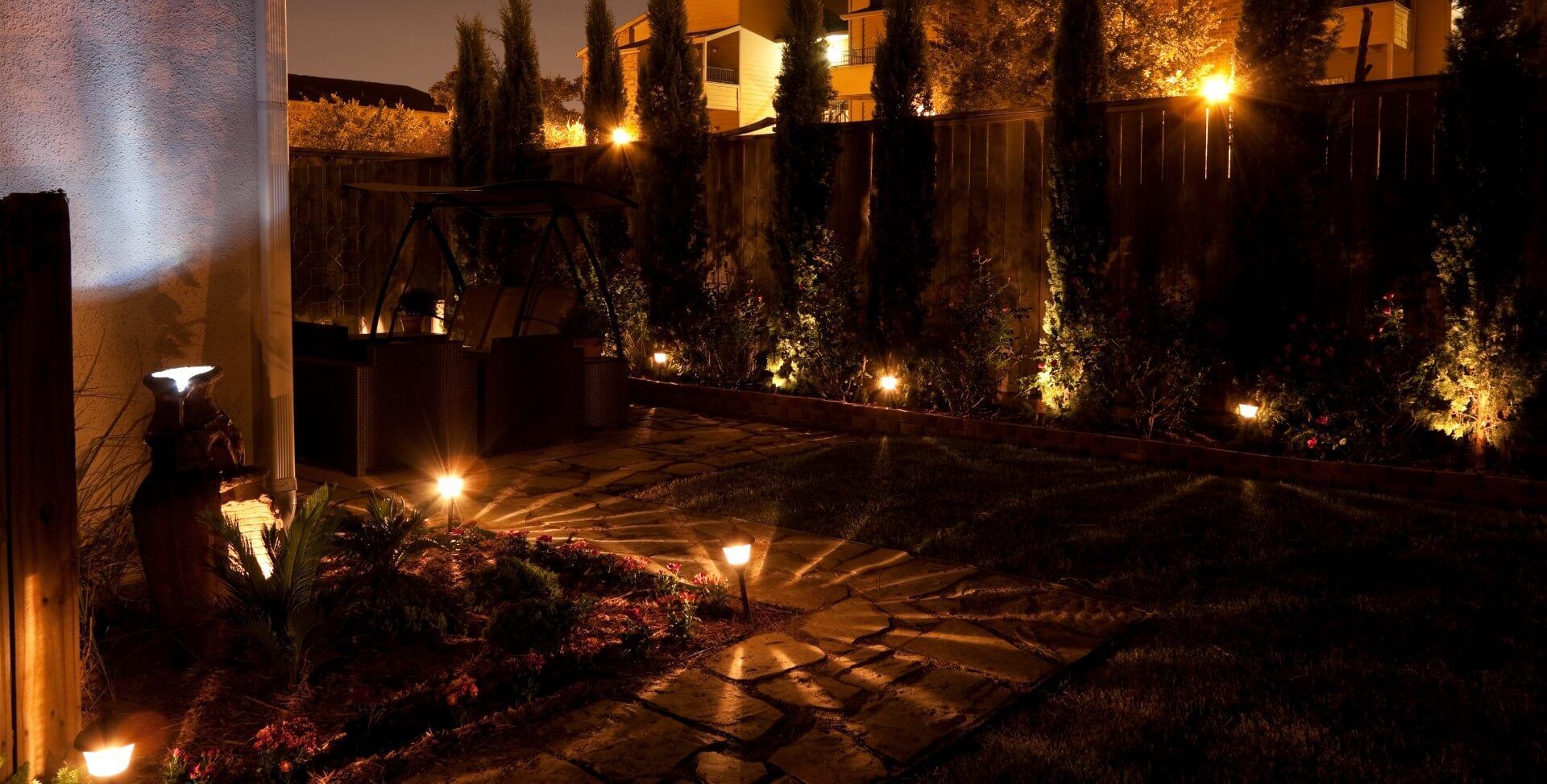 Beautiful lighting system where the beauty of the concrete paver designs shine