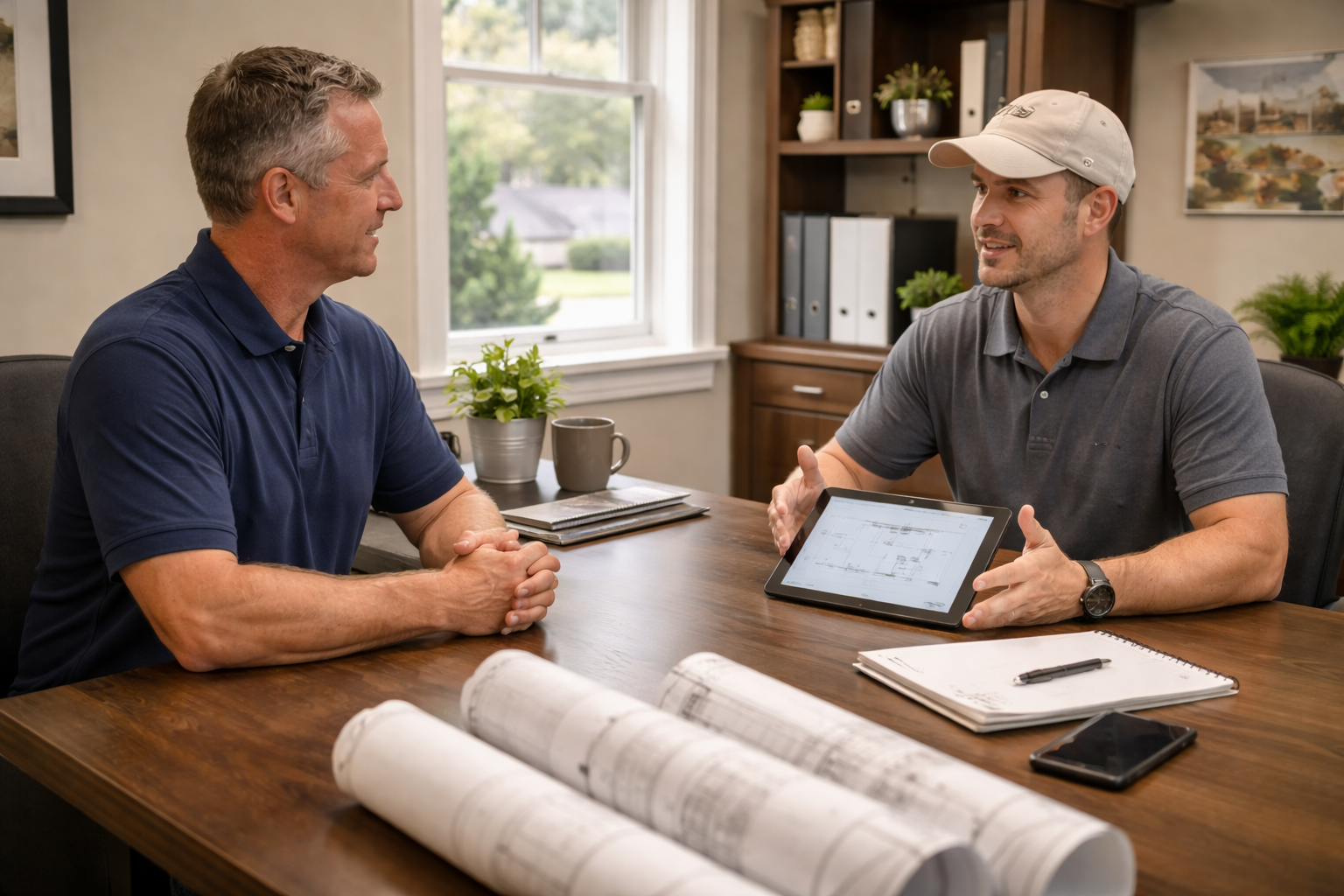 Homeowner interviewing a professional concrete contractor to discuss project plans and estimates.