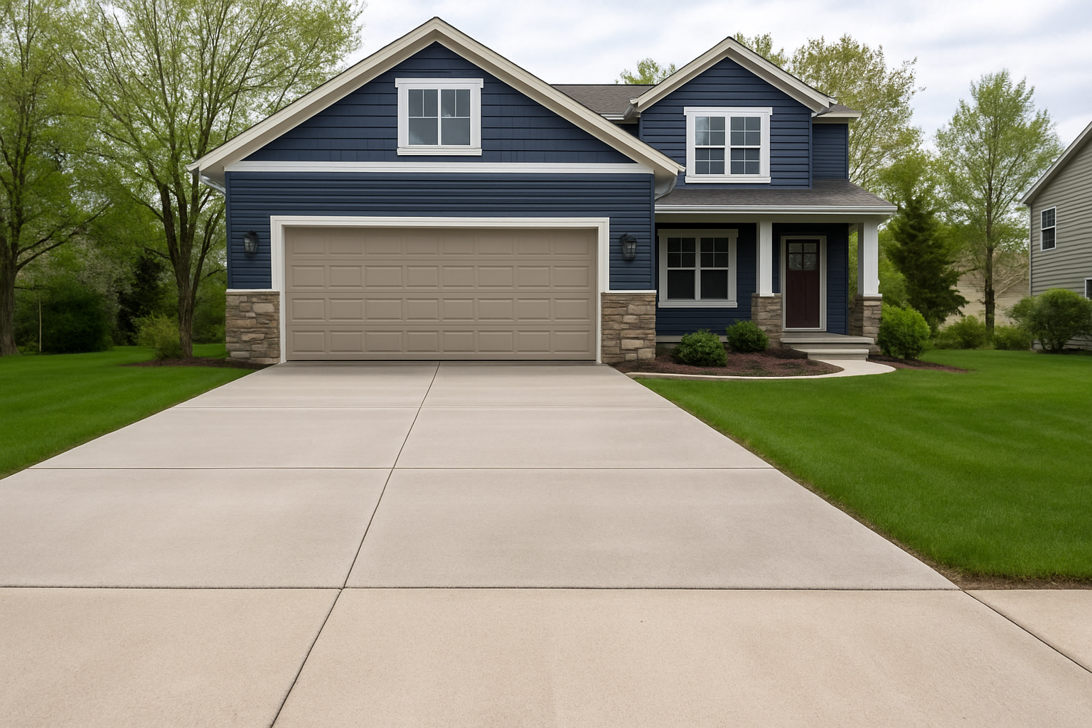 Modern home with clean concrete driveway and tan garage door