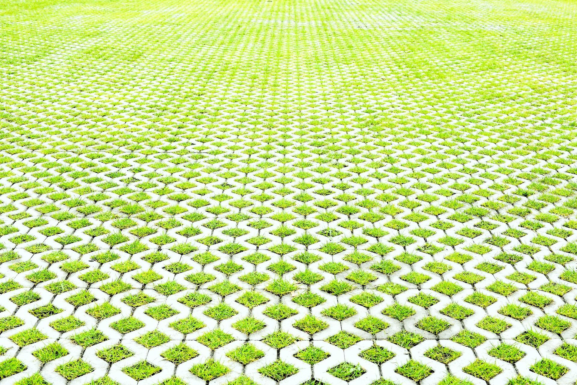 Patterned grass field interlaced with concrete pavers.