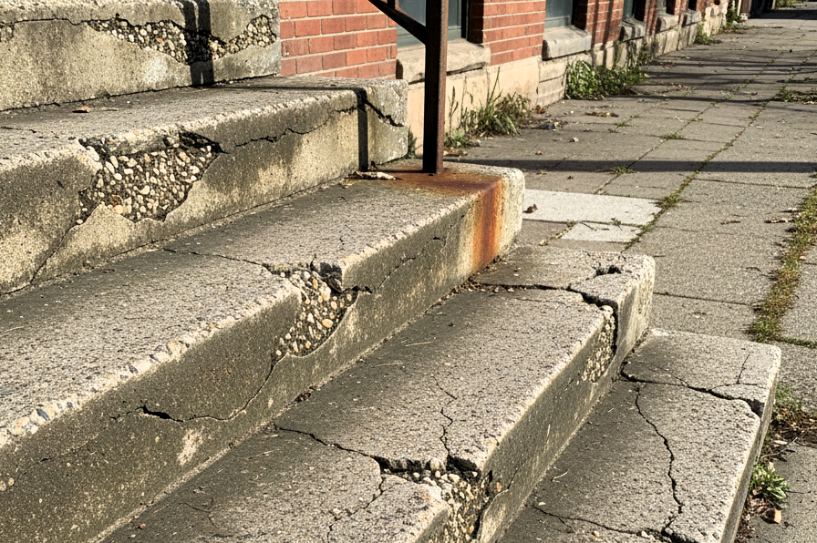 Spalling on concrete steps showing cracking and exposed aggregate