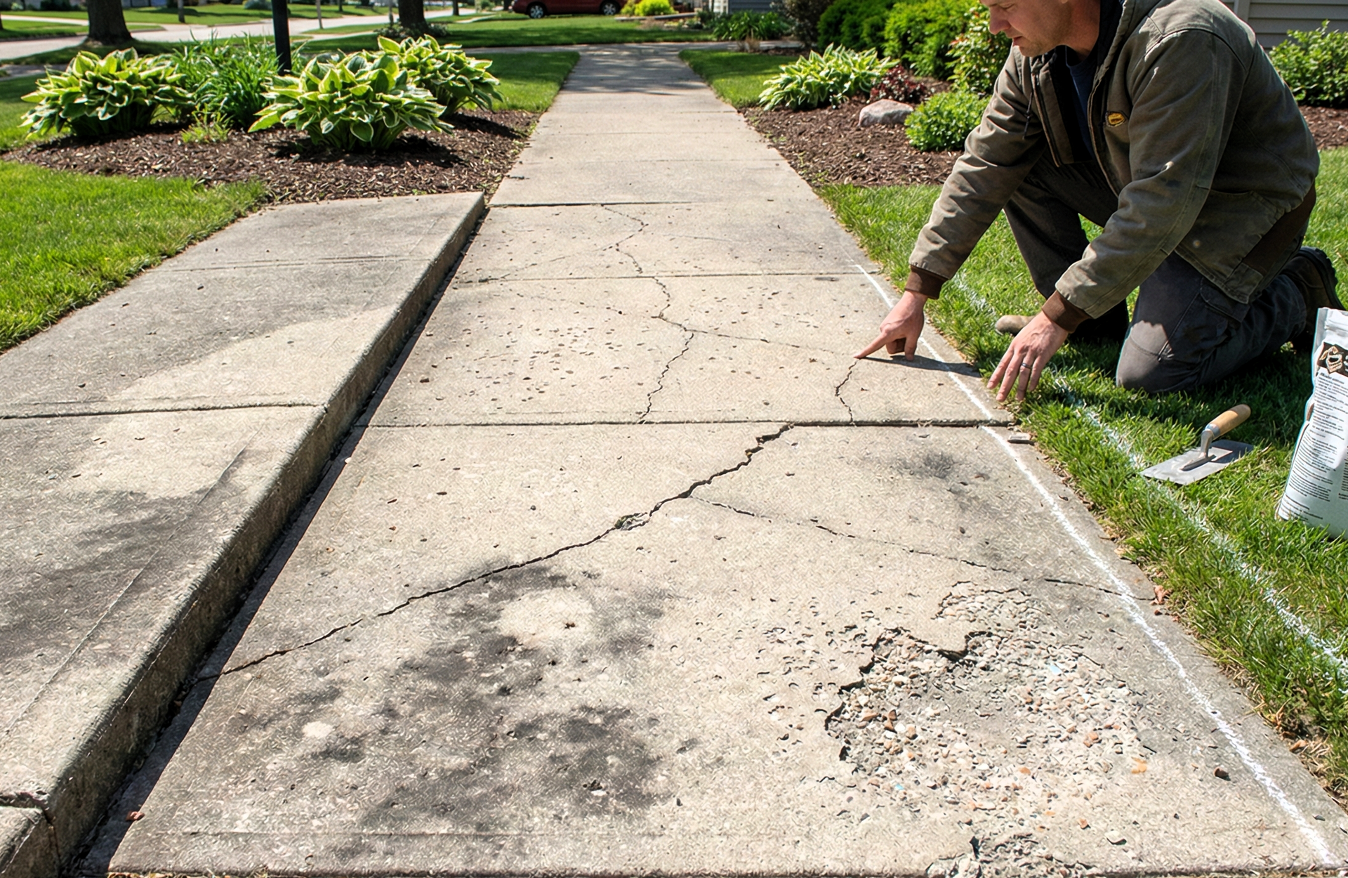 Cracked and spalled concrete walkway inspection