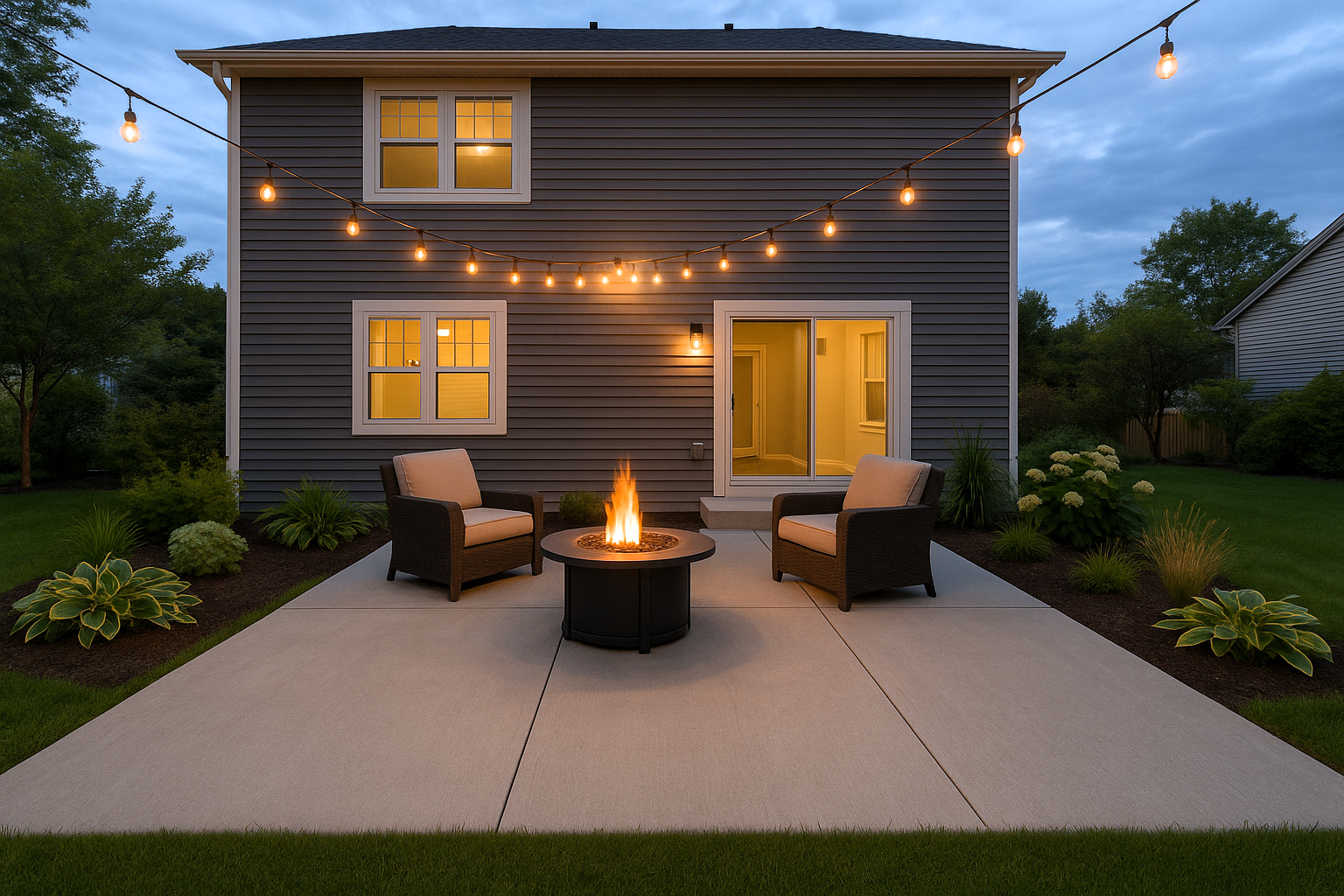 Concrete patio with fire pit, chairs, and string lights at dusk
