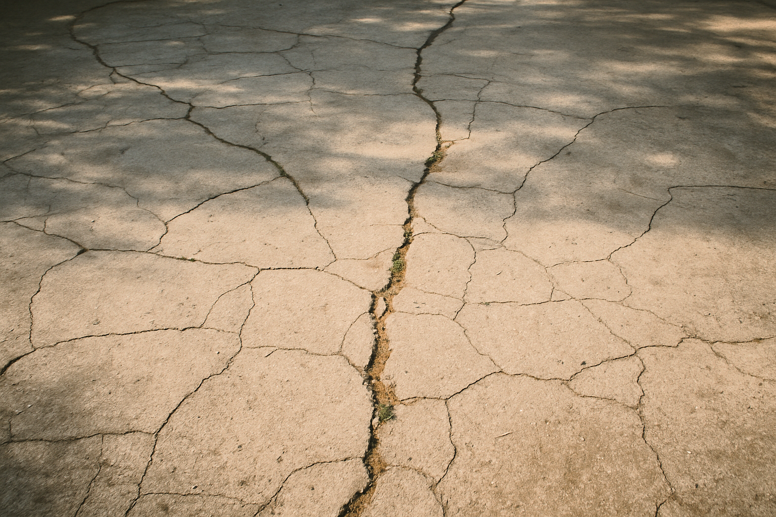 Cracked concrete driveway with grass in fissures