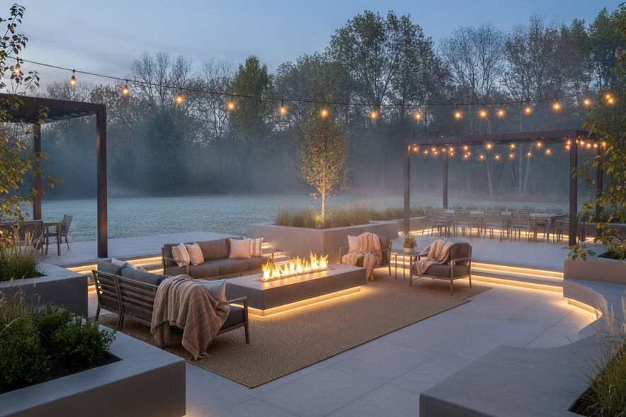 Luxury modern concrete patio with built-in linear gas fire pit and lounge furniture.
