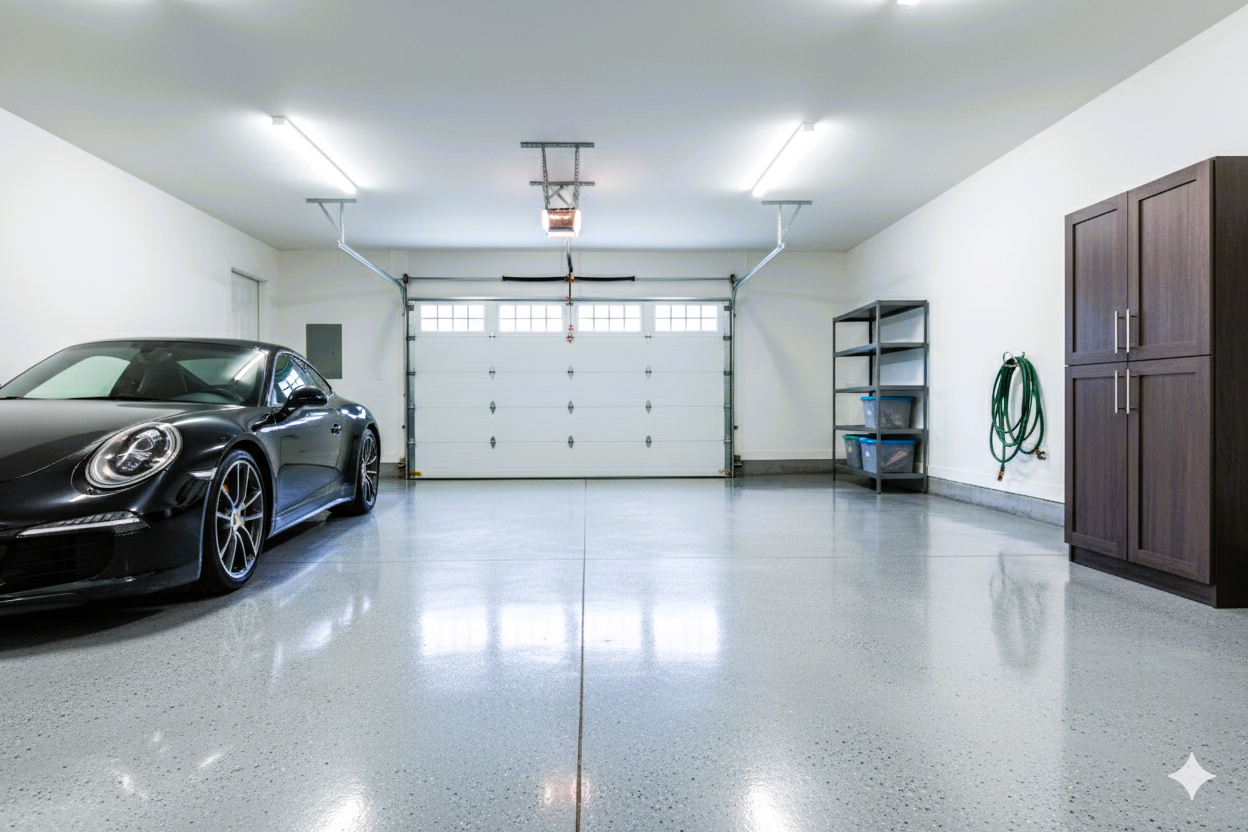 Modern garage with polished concrete floor