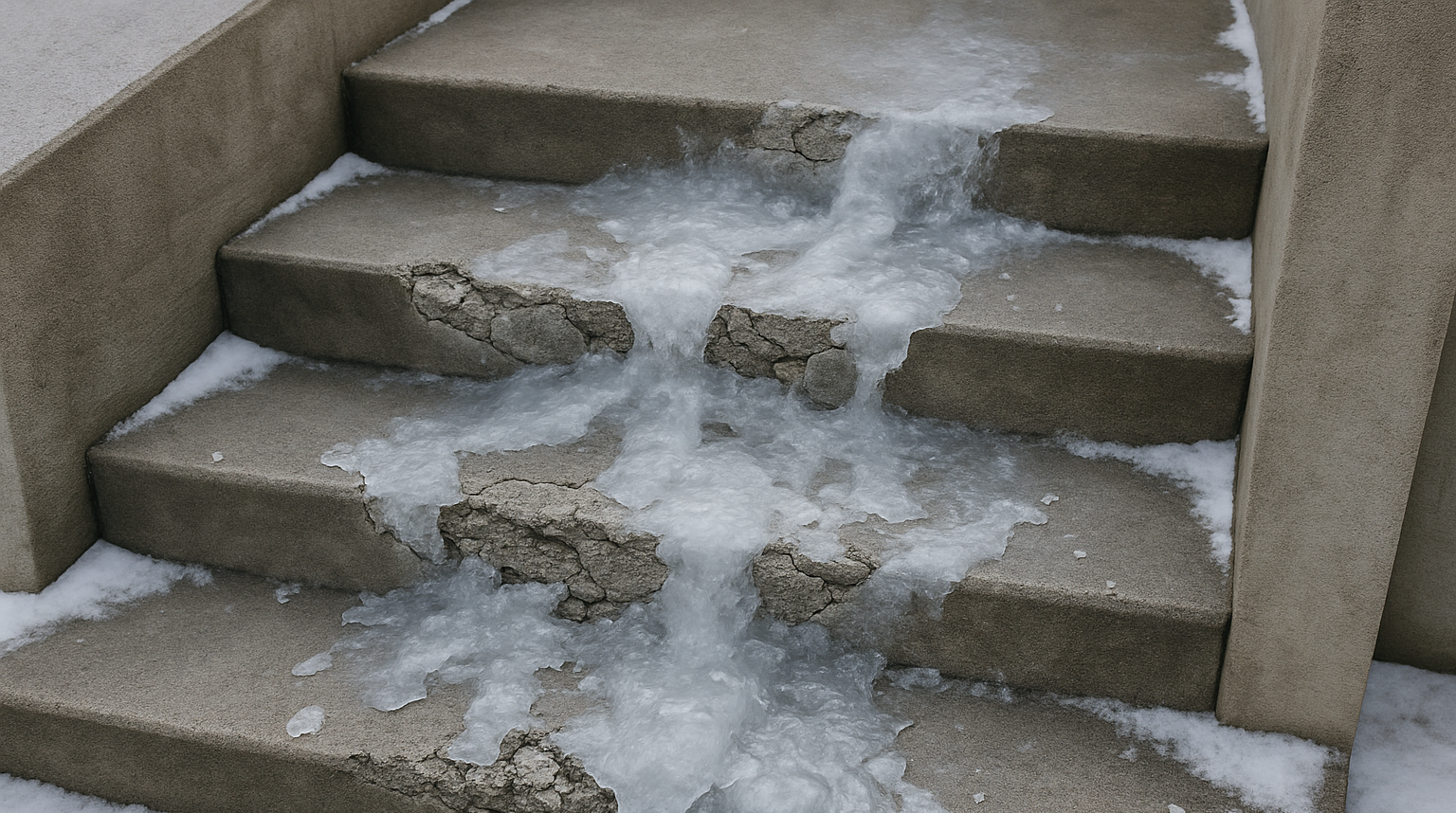 Icy water on cracked concrete steps with snow patches