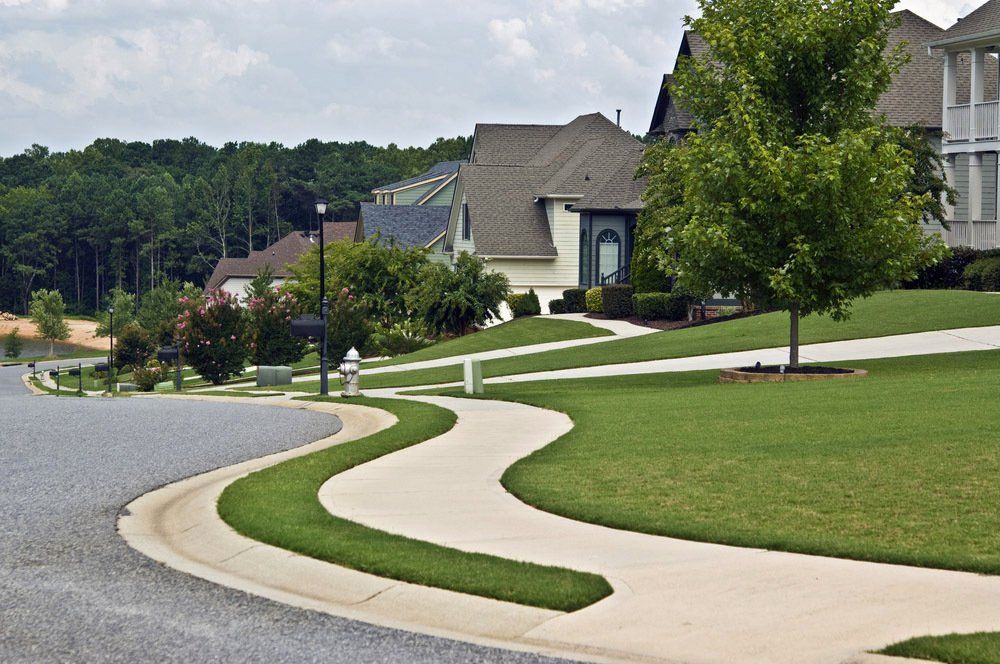 A residential neighborhood with houses and a curved concrete sidewalk and gutter