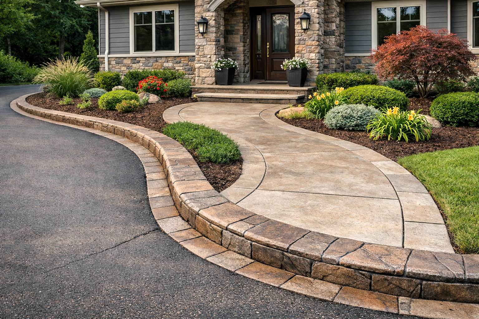 Decorative stamped concrete curb separating a paved driveway from a landscaped garden bed.
