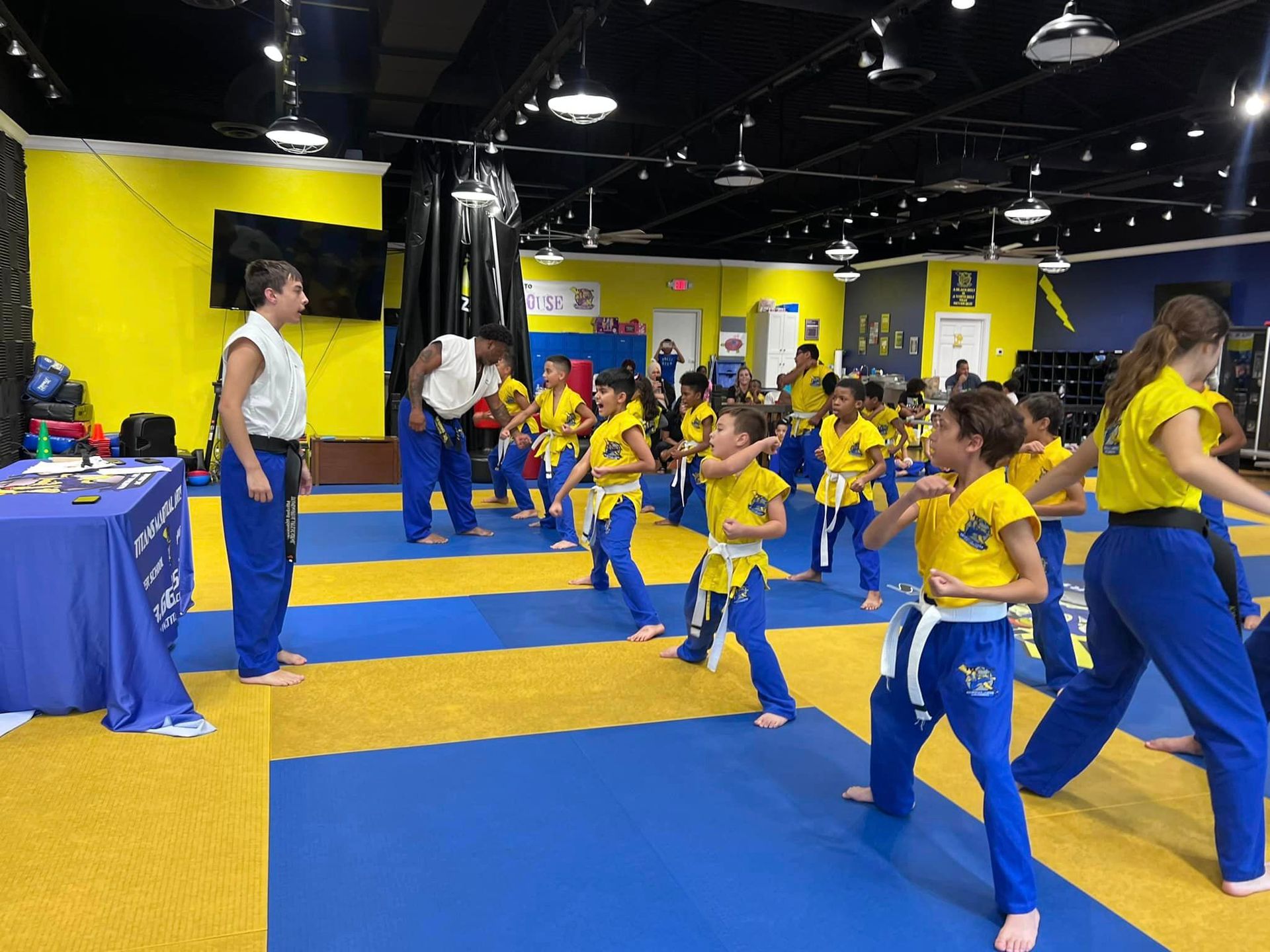 A group of children are practicing martial arts in a gym.