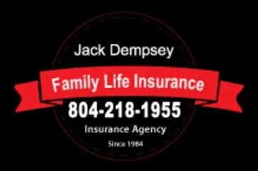 Logo for Jack Dempsey Family Funeral Funding, red ribbon, black circle, phone number.