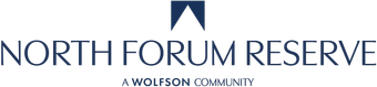 Logo for North Forum Reserve, a Wolfson Community, with a blue geometric design above the text.