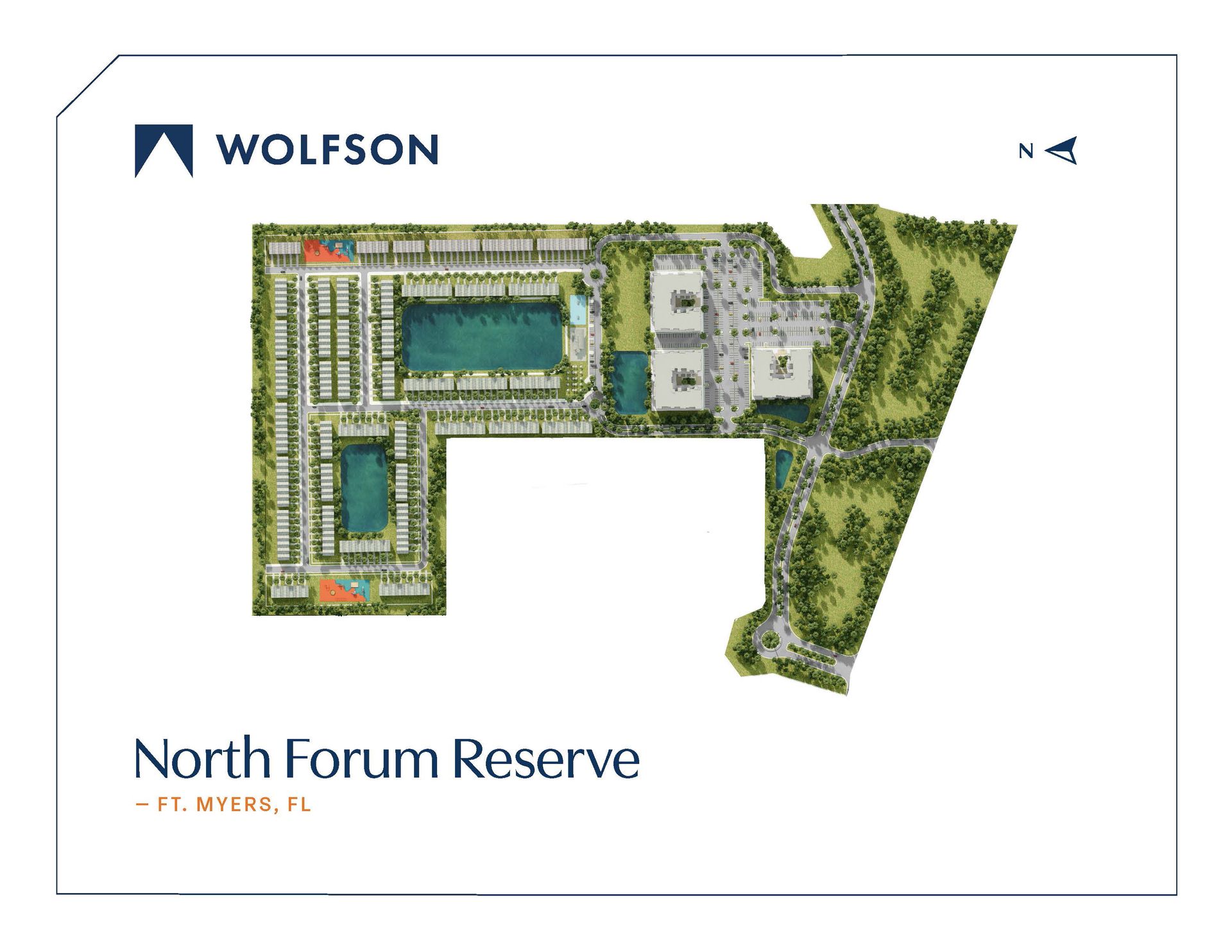 Site plan for North Forum Reserve in St. Petersburg, FL, featuring a residential layout with two ponds and green spaces.