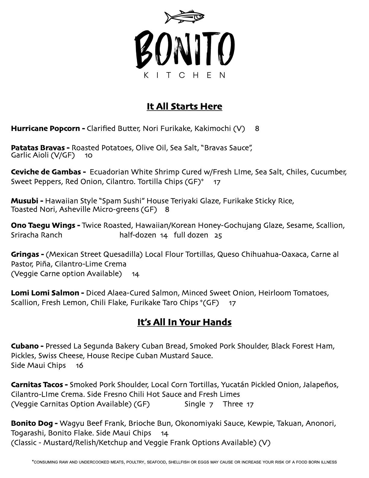 Menu from Bonito Kitchen, listing appetizers, salads, soups, tacos, and bowls.