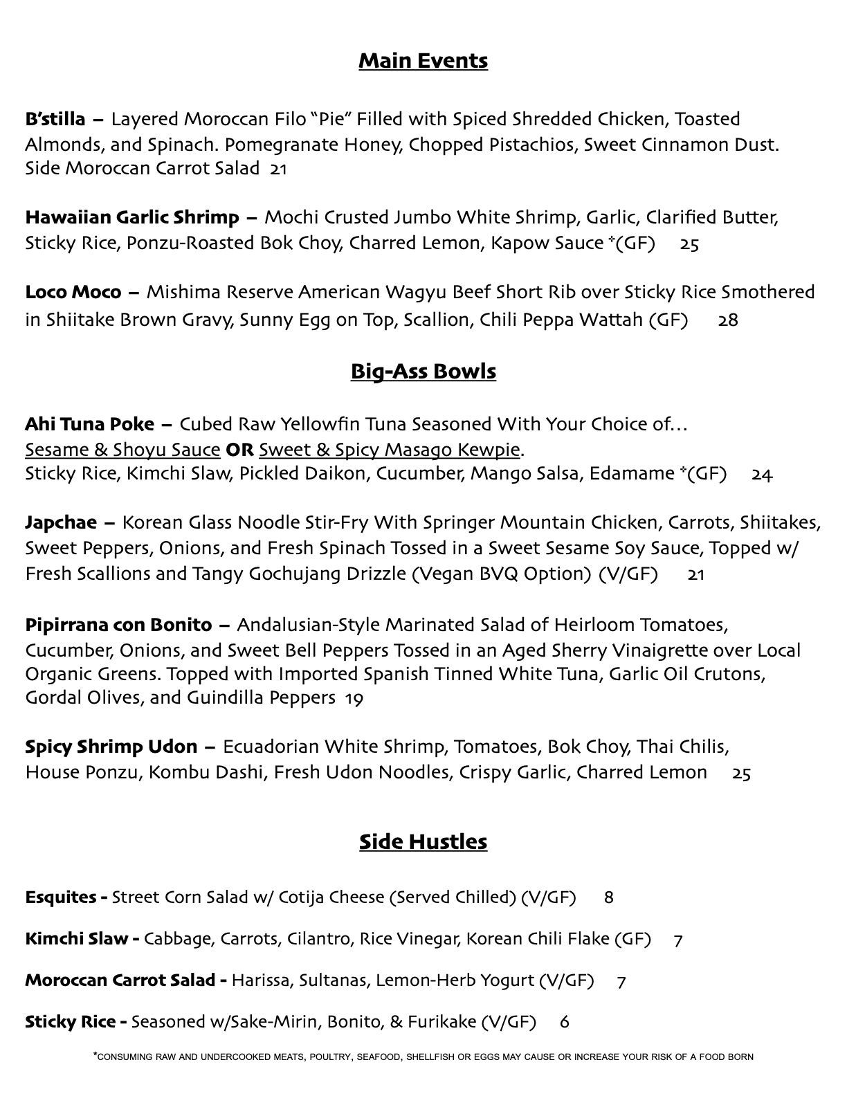 Menu listing food items with text on a white background.