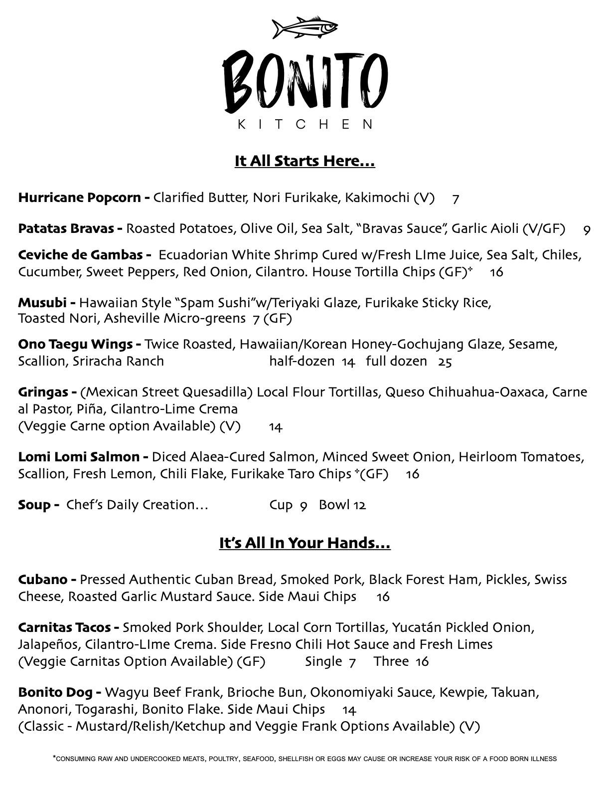 Bonito KItchen menu: Menu listing various dishes, including entrees, salads, and appetizers a white background.