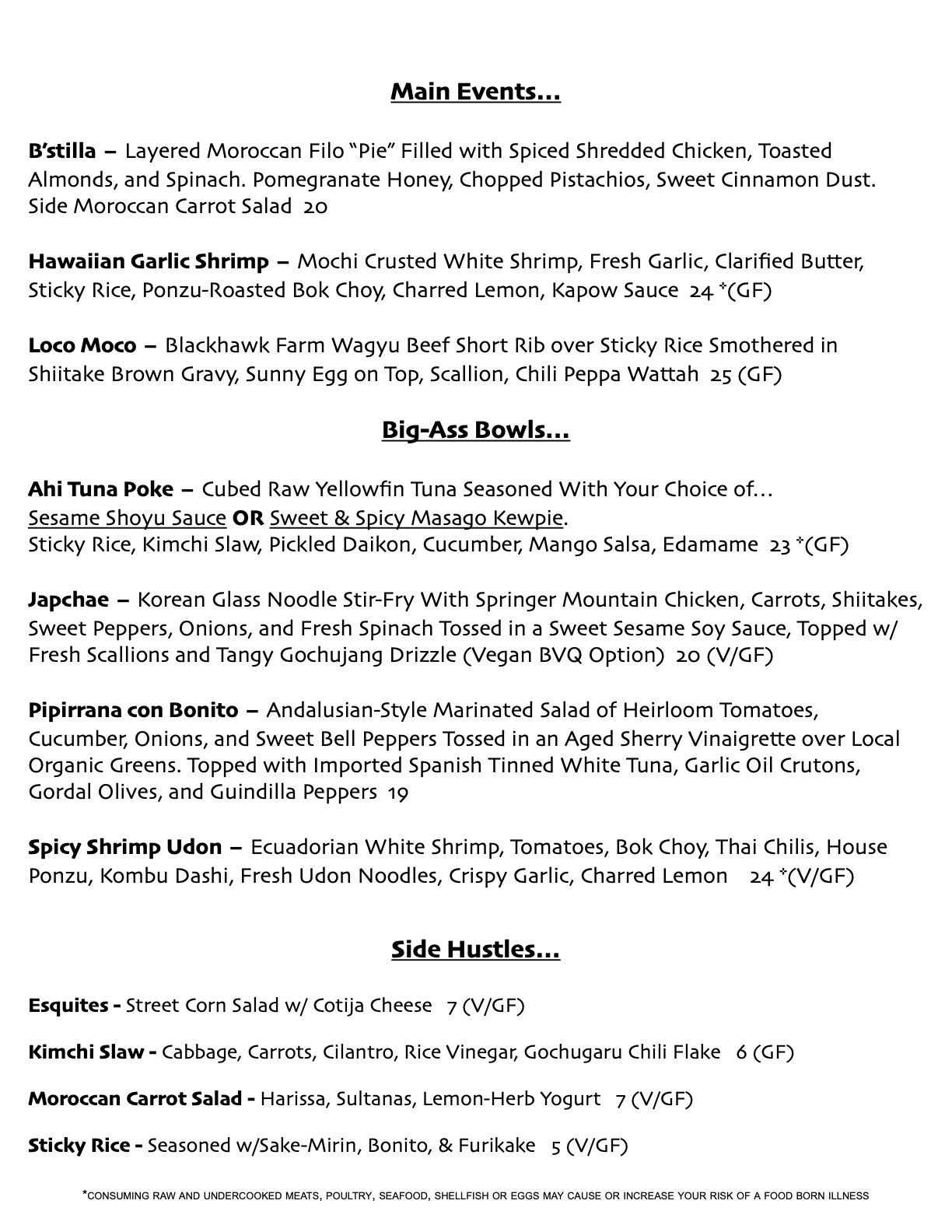 Menu listing various dishes, including entrees, salads, and appetizers.