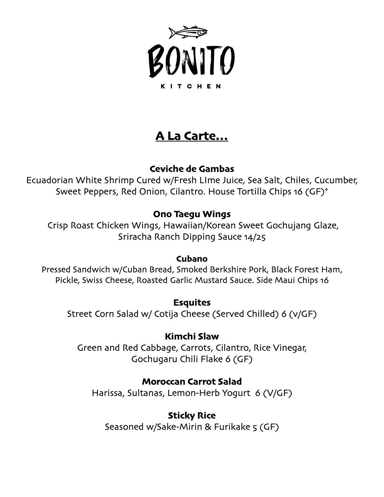 Bonito Kitchen menu: Seafood dishes including ceviche, sushi, and salads.