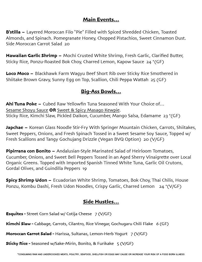 Menu listing various dishes, including entrees, salads, and appetizers.