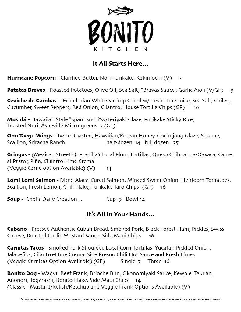Bonito KItchen menu: Menu listing various dishes, including entrees, salads, and appetizers a white background.