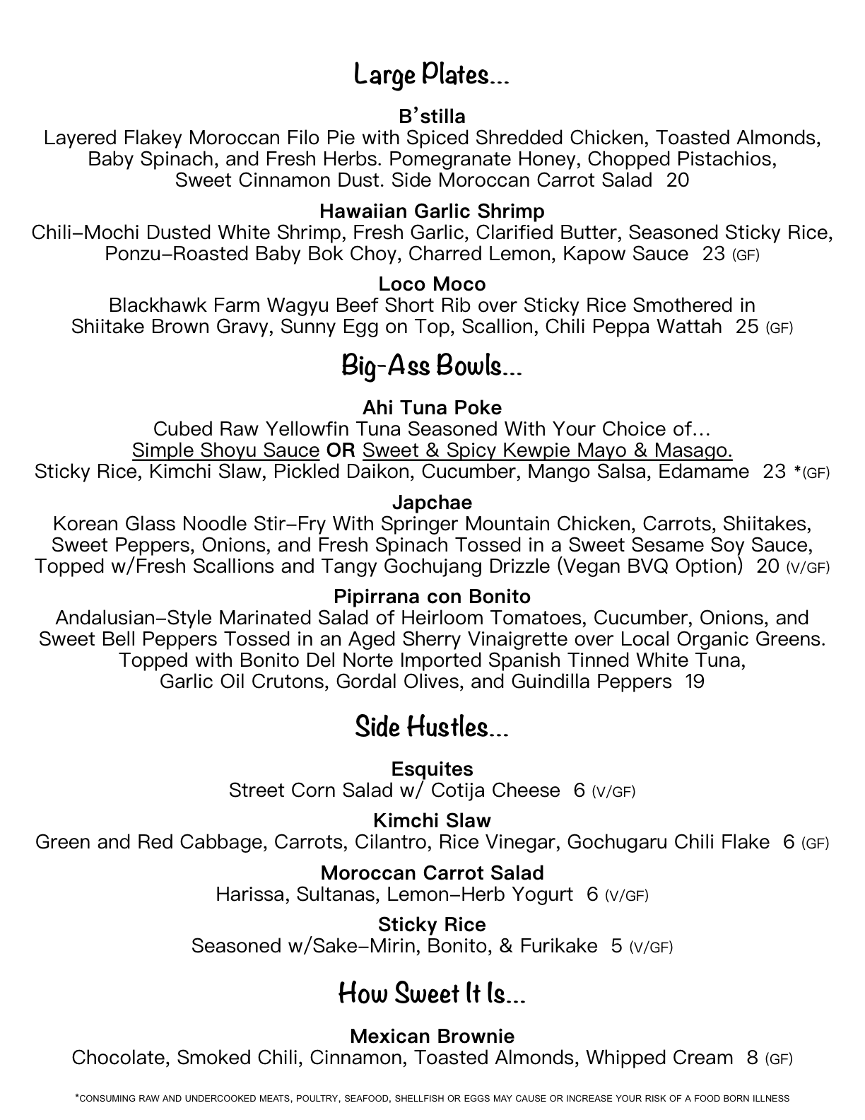 Menu listing various dishes, including entrees, salads, and appetizers.