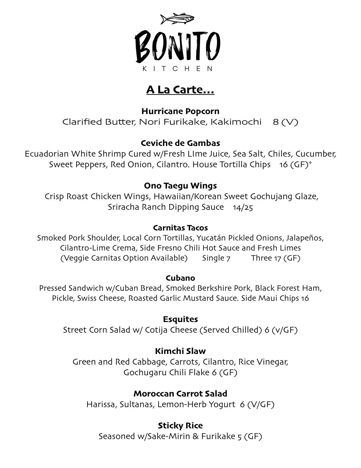 Bonito Kitchen menu: Seafood dishes including ceviche, sushi, and salads.