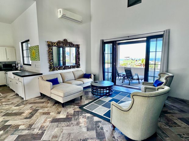 Bright living room with sofas, blue rug, wall mirror, and sliding doors to a patio with outdoor seating