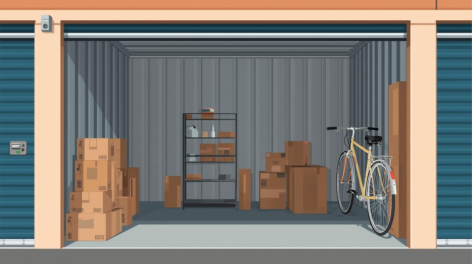 10×10 storage unit with boxes, shelving, and a bicycle stored inside