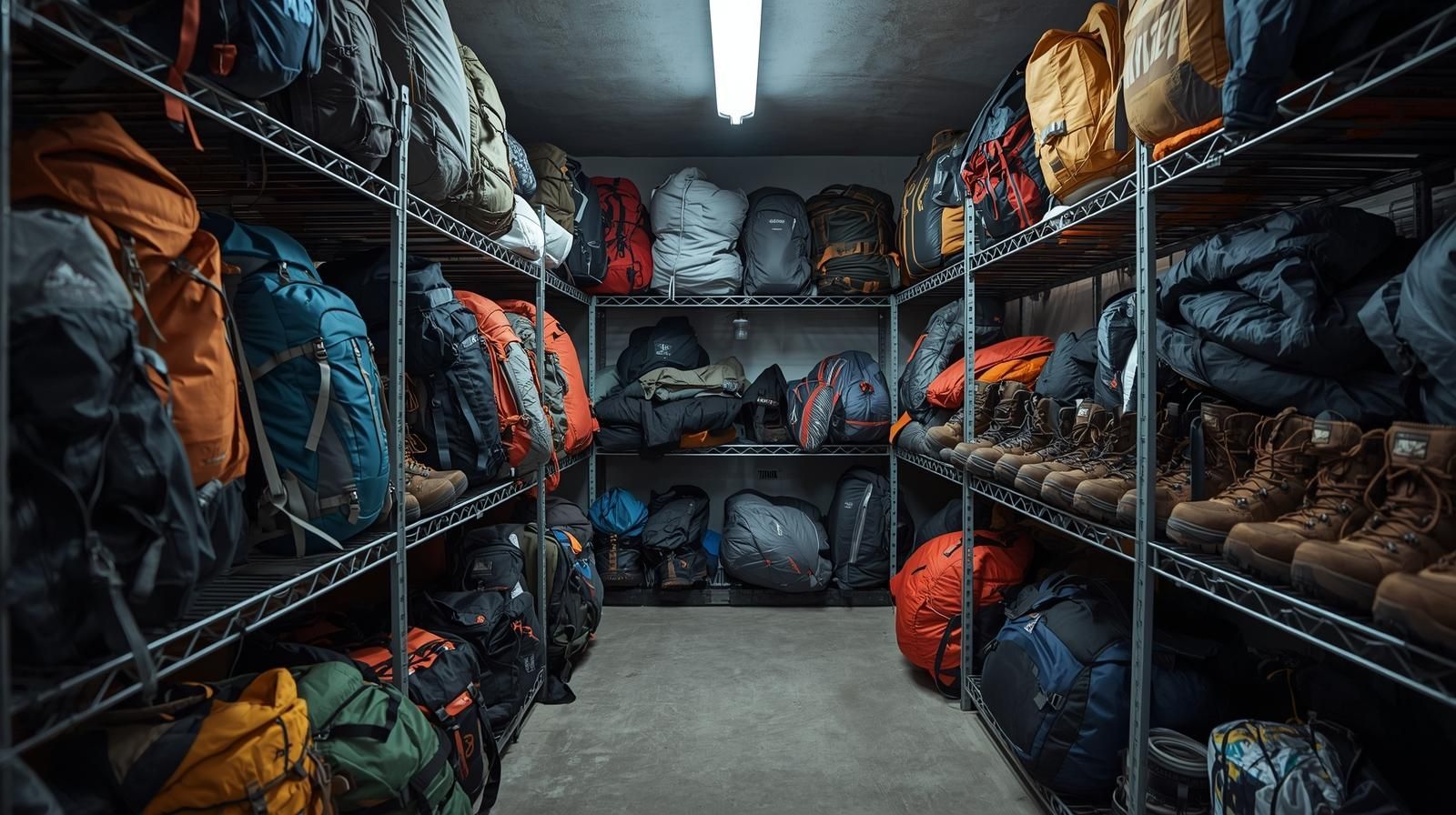 Shelves filled with organized outdoor gear and backpacks