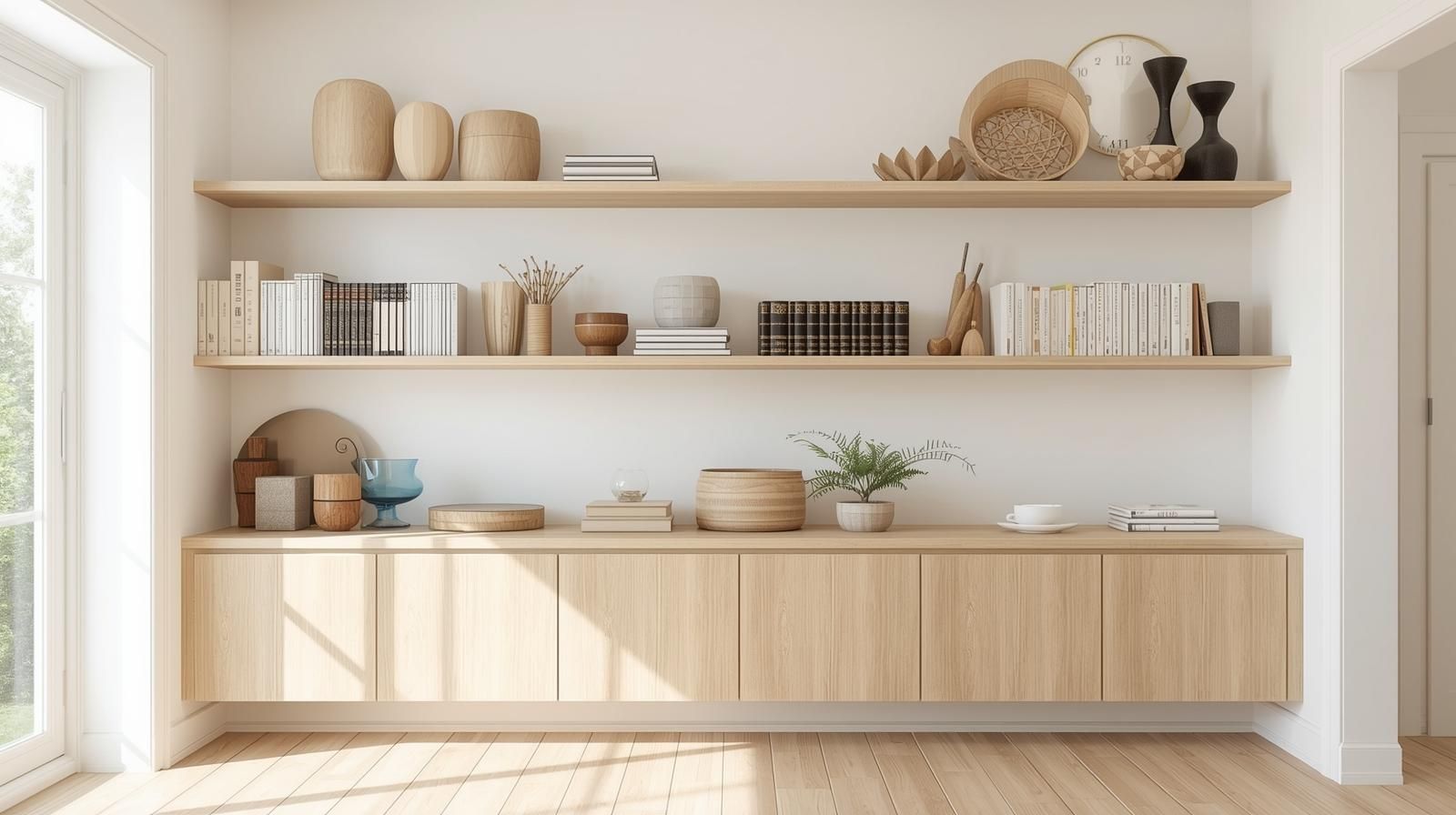 Minimalist shelves showing an organized, clutter free living space