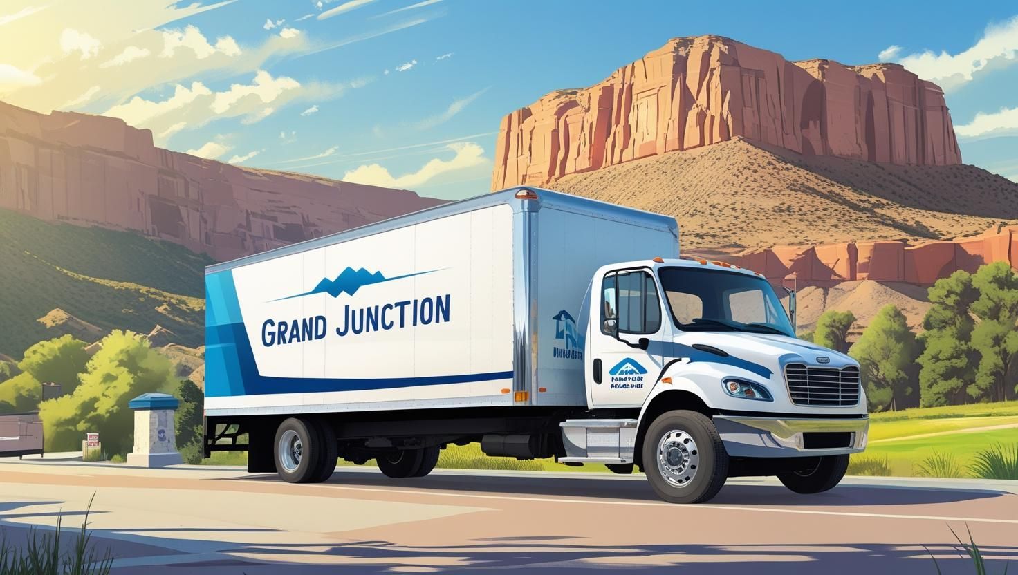 Grand Junction moving truck near Colorado red rock cliffs.