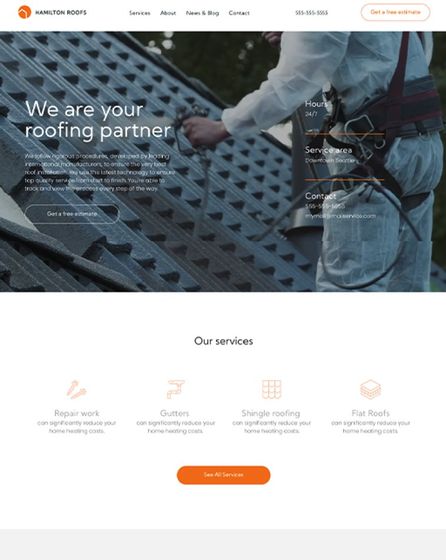 Roofing workers installing shingles on a rooftop, with a website homepage banner and service icons below