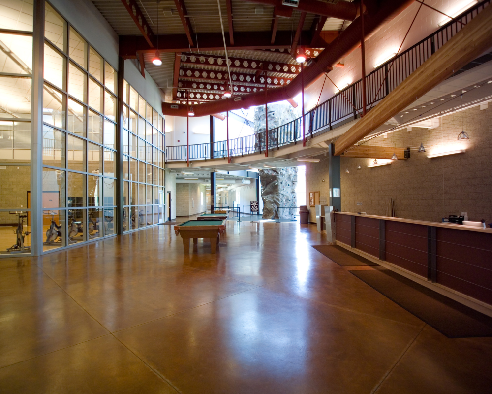 modern business space with brown concrete flooring